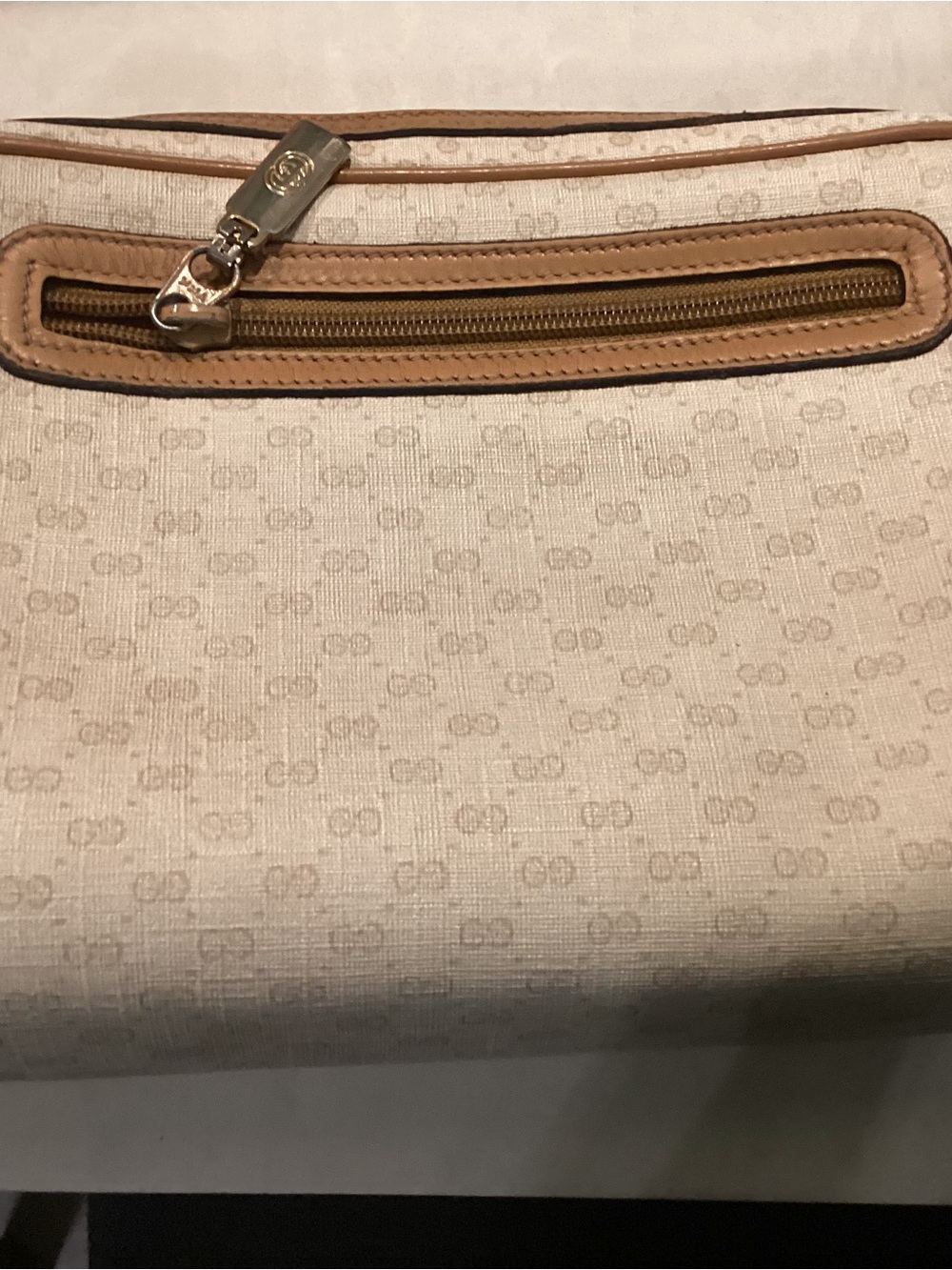 Gucci Beige Monogram Shoulder Bag with Tan Trim and Gold Hardware